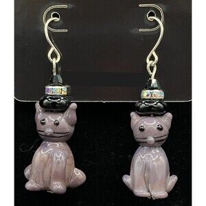Handmade Purple Cat Black Glass & Black Crystal Bead Earrings by Neanie-Bot